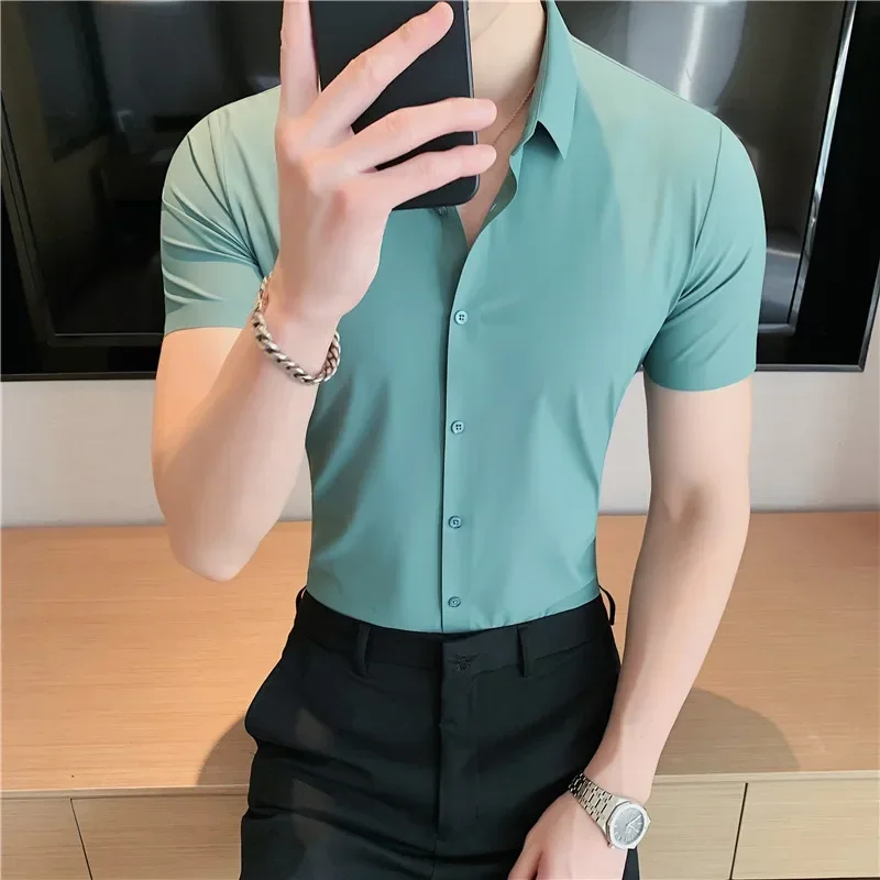 

6colors High Quality New Solid High Elasticity Seamless Short Sleeve Shirts Men Slim Social Casual Business Formal Dress Shirt