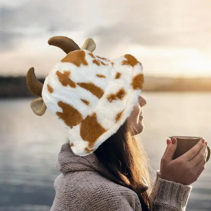 Cow Bucket Hat Soft Plush Cow Print Bucket Hat with Cute Horn Winter Fluffy Plush Fisherman Cap Warm Outdoor for Men Women