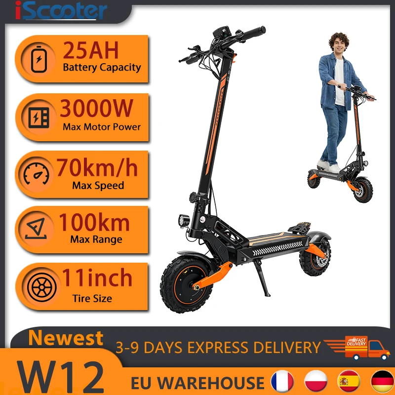 Trottinette électrique tout-terrain iScooter W12 11 pouces, double motorisation, 3000W, 25Ah, autonomie maximale 100 km, vitesse maximale 70 km/h, pliable.
