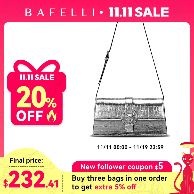 

BAFELLI 2025 NEW WOMEN'S LUXURY BAGS CAT BRAND FASHION HANDBAG SILVER LEATHER CLUTCH STYLISH EVENING CASUAL PURSE HIGH QUALITY