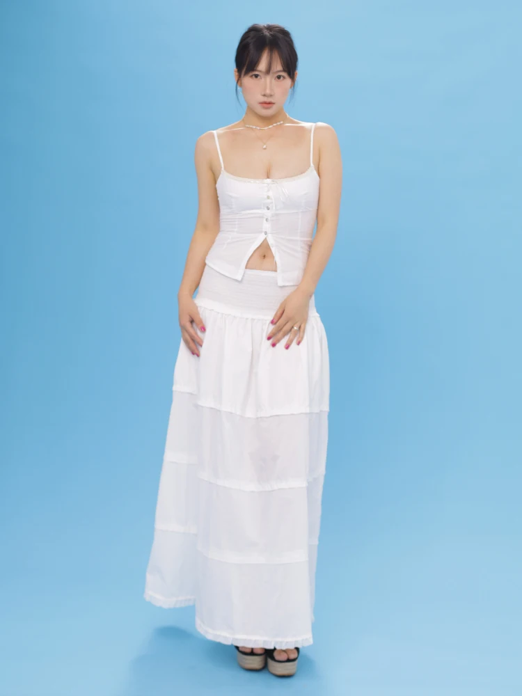 

Ohmyloli Vintage Pure White Summer Spring ter Ne Tulle Skirt with Belt Two-Way Elastic Waist f Skirt Cotton Zipper