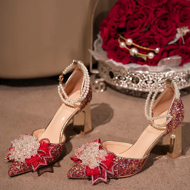 

Wedding Bridal Shoes Wedding Shoes Banquet Shoes Rhinestone High Heels Women's Thick Heels Autumn
