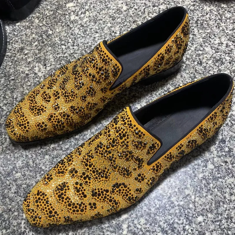 Luxury Gold Suede Shoes Men Mixed Colors Rhinestone Loafers Fashion Leather Dress Shoes Men's Party And Wedding Shoes