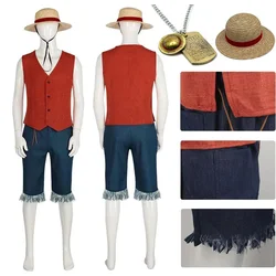 Monkey D Luffy Cosplay Costume Red Vest Shorts Hat Rope Anime Outfit Adults Men for Halloween Party Costume Suit