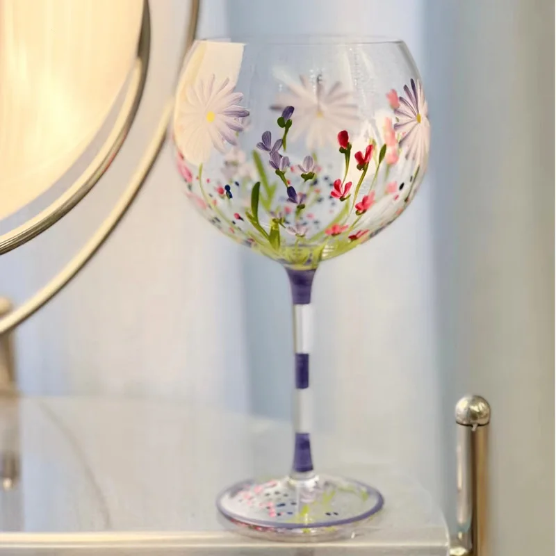 Pink Purple Crystal Glass Hand-Painted Floral Goblet Red Wine Glass Chinese Antique Wine Glass