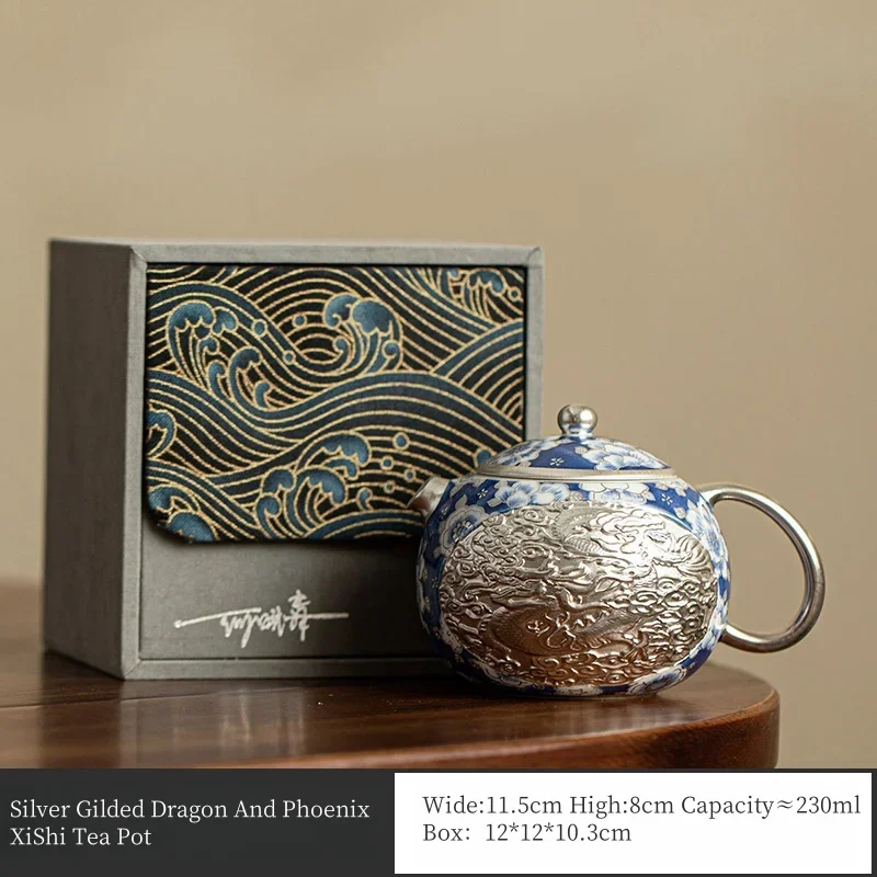 230ml Master He Fusen Hand Made Silver Gilded Dragon And Phoenix XiShi Tea Pot Silvering Tea Set Blue&White KungFu Tea Set
