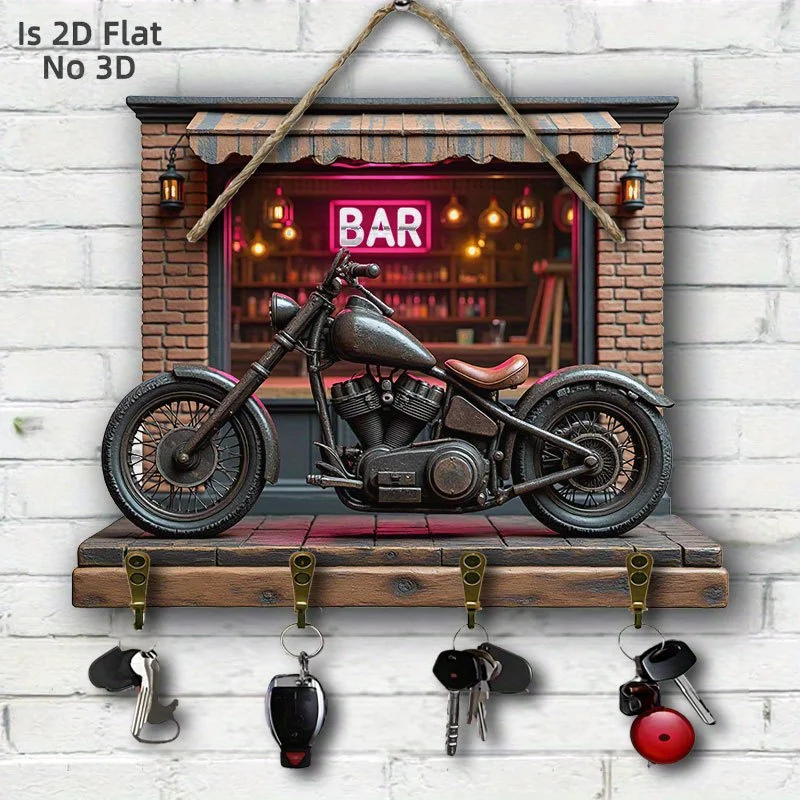 2D Motorcycle Handlebar Key Pattern Wooden Key Hook Multifunctional Household Key Rack With Four Metal Hooks Wall Hanging Decor