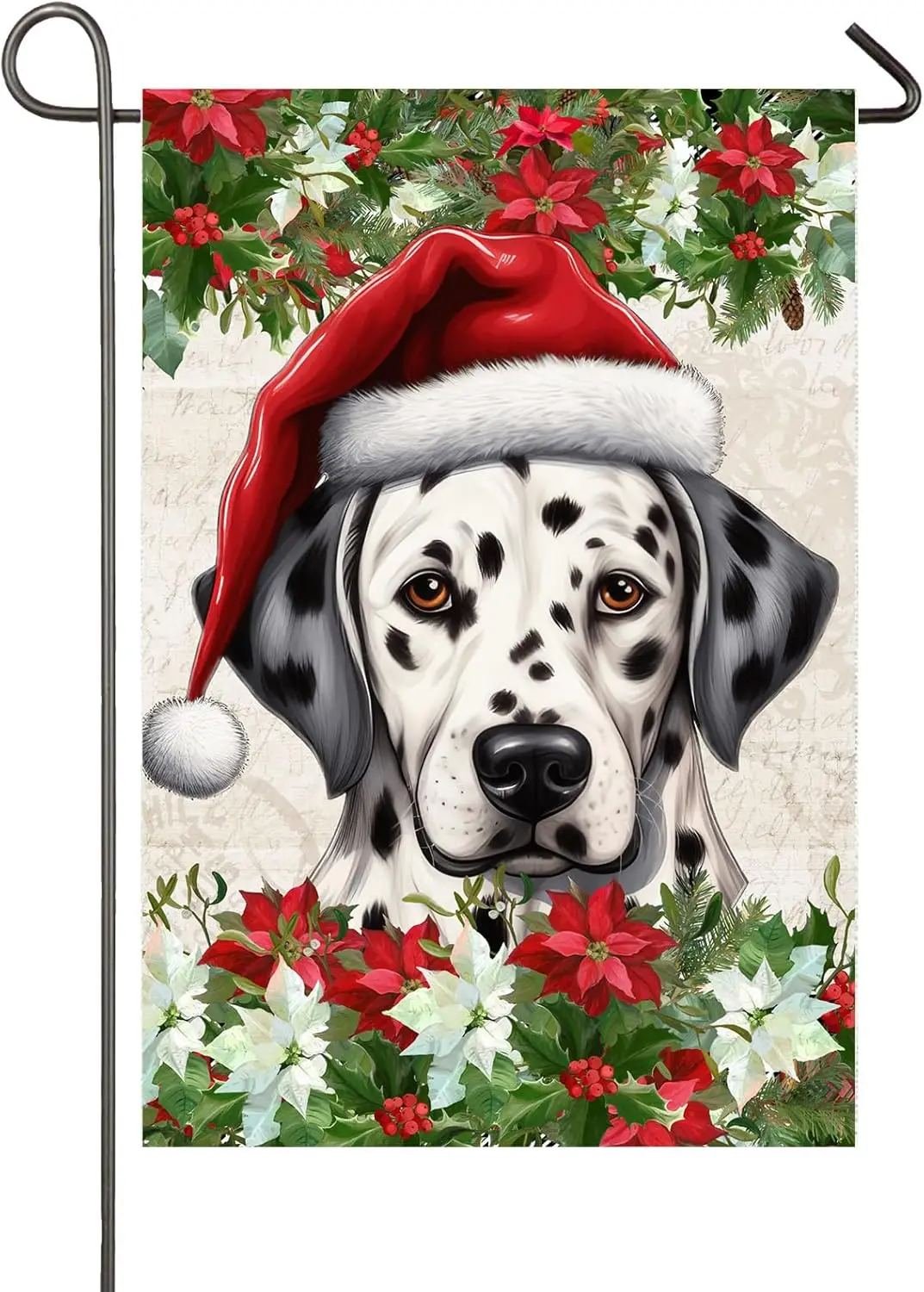 Christmas Dalmatian Dog Garden Flag for Outside 12x18 Inch Double Sided Poinsettia Santa Hat Dog Small Burlap Yard Flags Outdoor