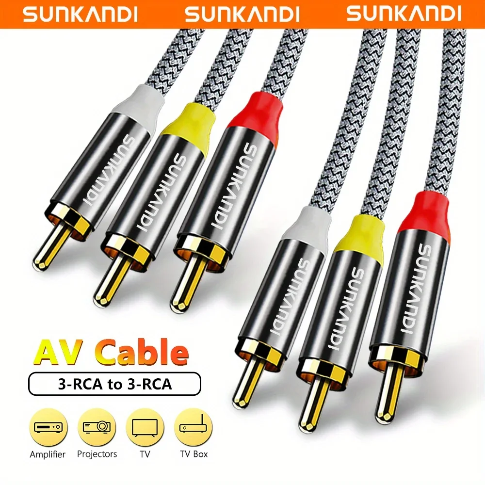 SUNKANDI Audio Video RCA Cable，3RCA Male to 3RCA Male 24K Gold Plated AV audio Cable for Speaker, Amplifier, DVD Player and More
