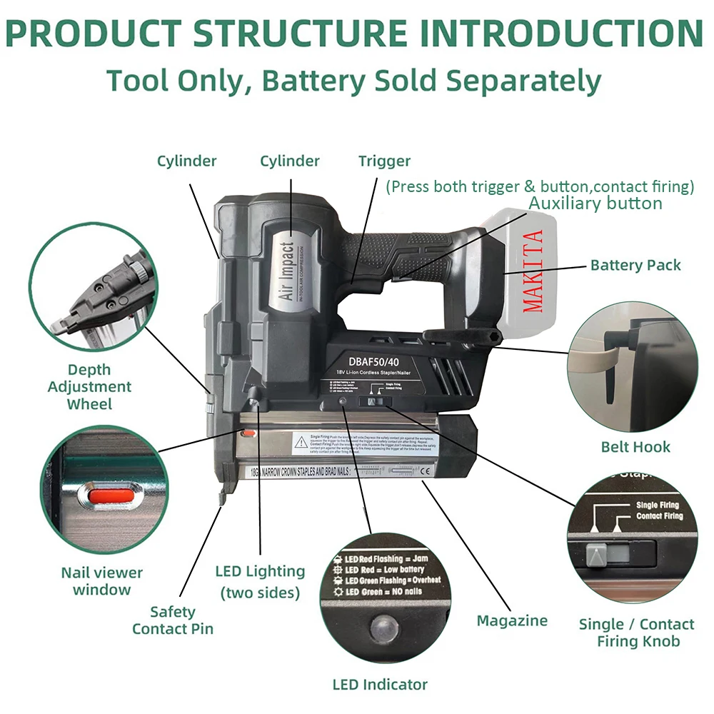 Cordless recarregável Nail Gun, Grampeador, Stright Nail U Nail, para combinar 18V Makita bateria, corpo só, Corpo