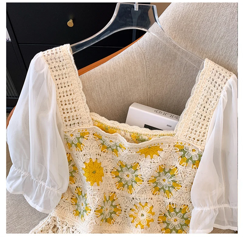 Granny Square Top Crochet Knit Hollow Out Embroidery Lace Square Neck Blouse Summer Women Teengirl Fairycore Outfit