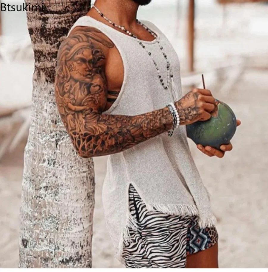 

Summer New Men's Vintage Slit Knitted Tank Tops Fashion Tassels Design Vest O-neck Sleeveless Tops Casual Beach Holiday T-shirts