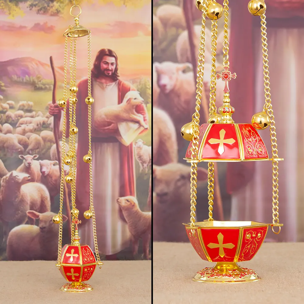 Premium Orthodox Suspended Incense Censer Gold Plated Bright Red Enamel Golden Cross Carving Bell Chain High End Church Chapel R