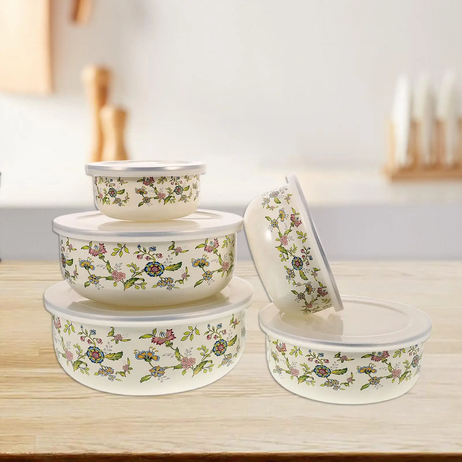 5Pcs Ceramic Mixing Bowl Set Smooth Surface Nesting Floral Pattern Bowls Multifunctional Nesting Bowls for Serving Food Cooking