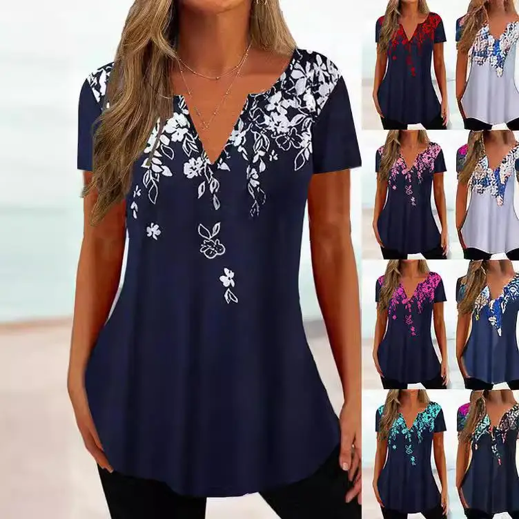 

Women's Printed Collar Short Sleeve Shirt Top Casual Style Floral Patterned Half Zipper Knitwear for Ladies