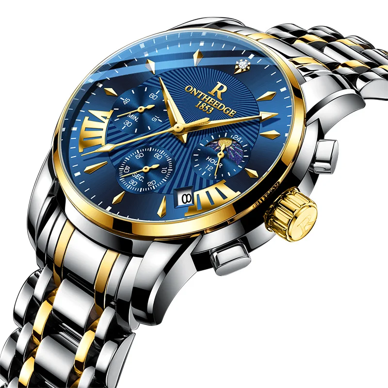 Orologio al quarzo di lusso con fasi lunari per uomo Orologio sportivo da uomo Cronografo impermeabile luminoso in acciaio inossidabile Orologio da uomo Reloj