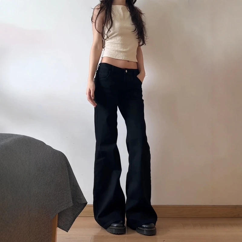 Retro American Black Spicy Girl Wide Leg Micro Flared Denim Jeans Women's Small Size Spring Autumn Loose Slimming Floor-Lengt...