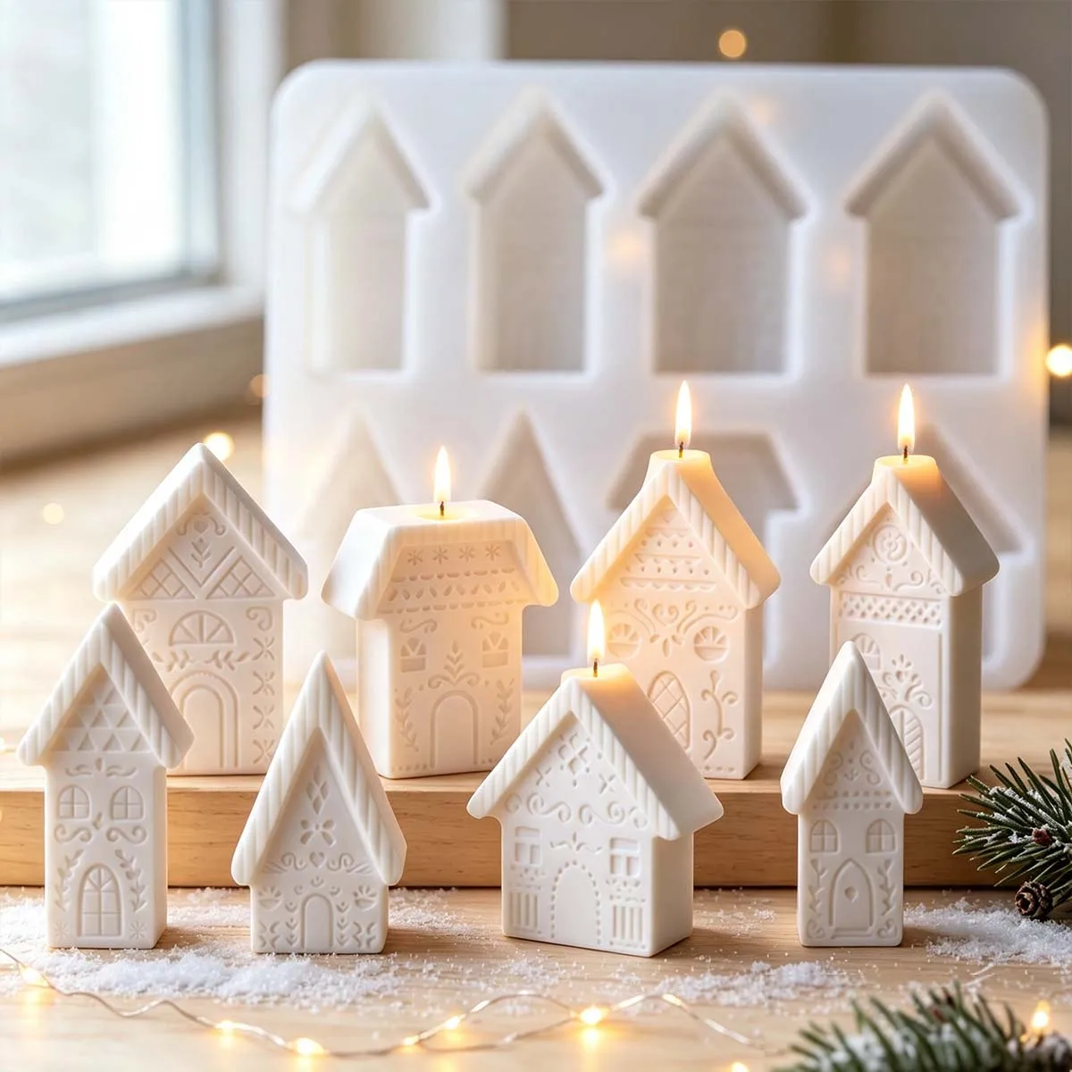 8-fach Weihnachts-Minihaus-Silikonform DIY Geprägte Häuser Duftkerzen-Seifenformen Gips-Harz Weihnachtstisch-Ornamente