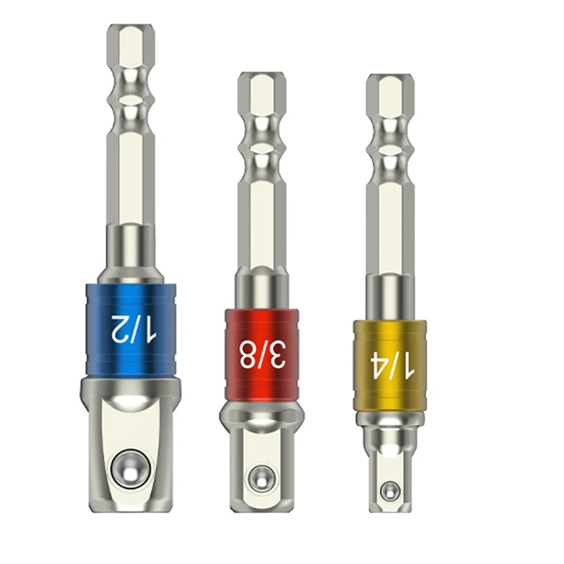 3PC Silver Hexagonal Handle Screwdriver Conversion Rod 1/2 Square Head 3/8 Socket 1/4 Electric Driver Tool Set