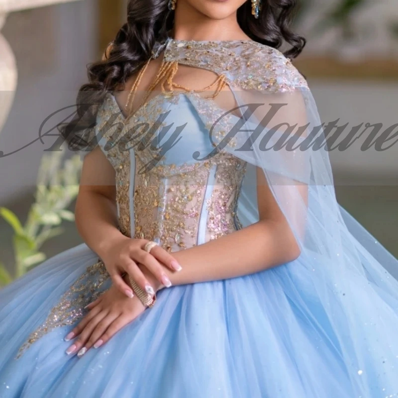 A3919 فساتين Quinceanera باللون الأزرق السماوي 15 مع كيب شرابة الخرز Ballgown حفلة موسيقية حفلة عيد ميلاد Vestido De xv Anos مناسبة مخصصة
