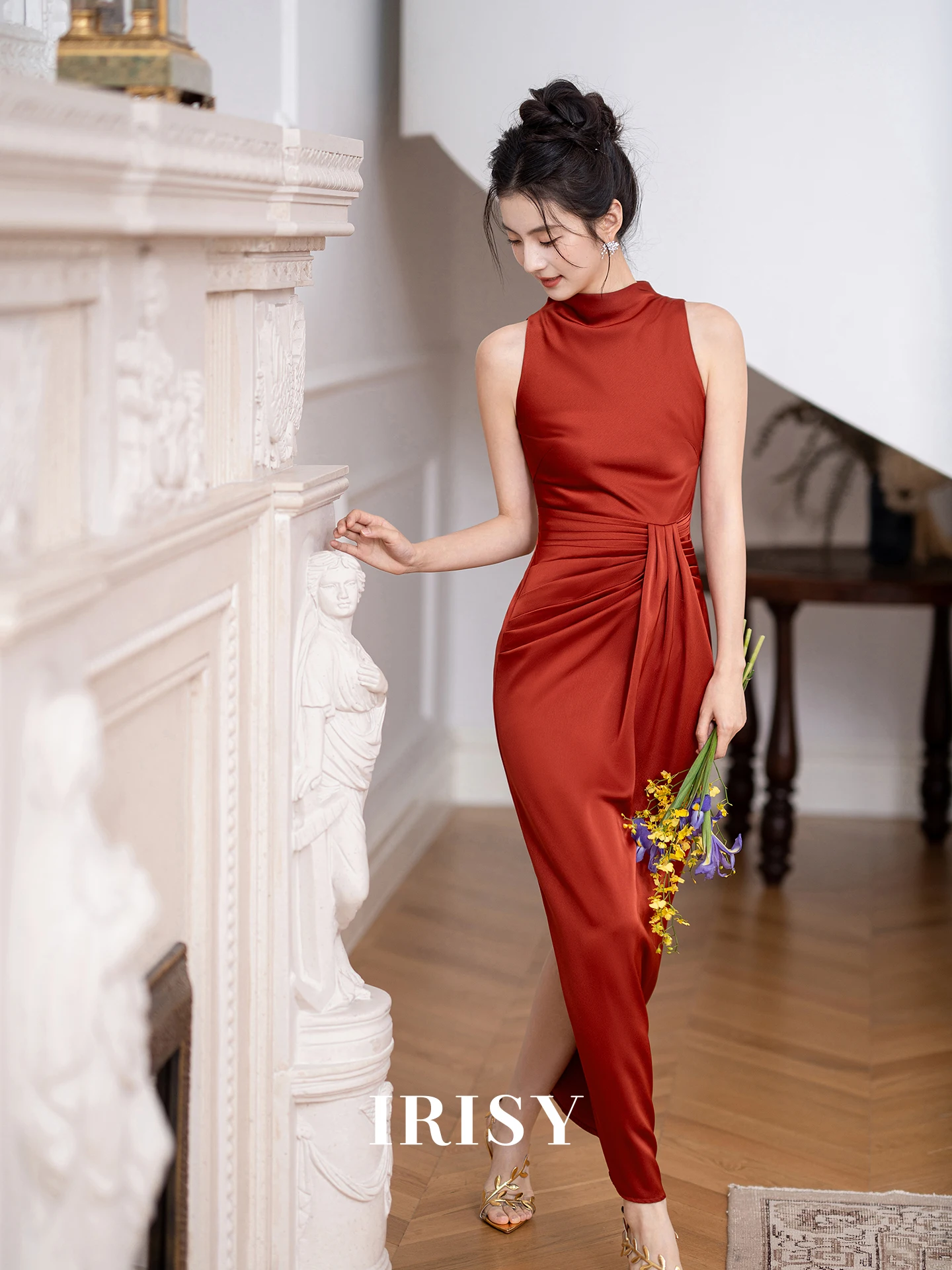 

Красное свадебное платье Ele Red Irisy в китайском стиле, обновленное, для помолвки, женское, на одно плечо, с юбкой миди