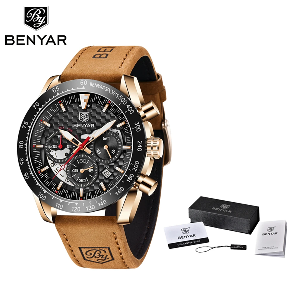 Benyar Design Sport Marke männer Quarzuhr 45mm Vintage Mode Leder 30M Wasserdichte Leucht Chronograph Relogio Masculino