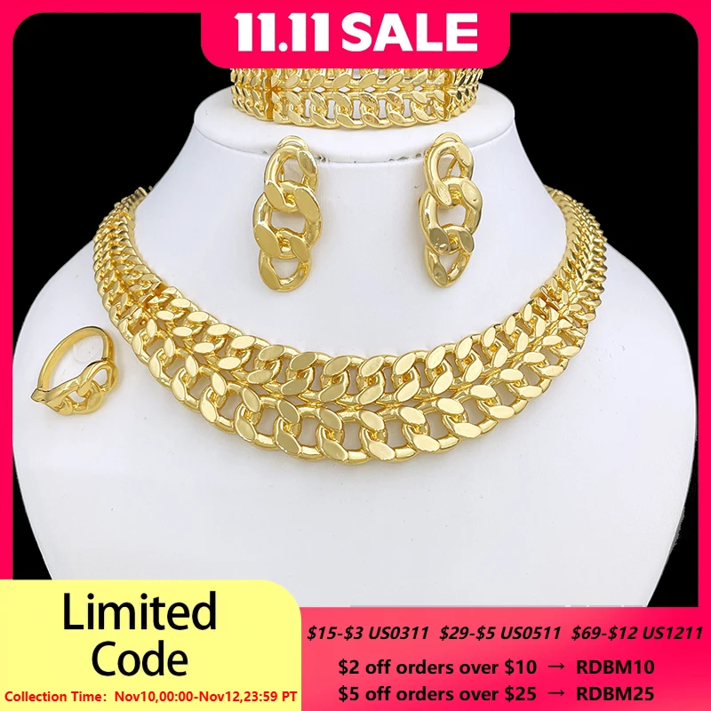 

Роскошный женский комплект ювелирных изделий золотого цвета в Дубае, Нигерия, классический дизайн, позолоченная 18-каратная кубинская цепочка, серьги, ожерелье, кольцо, браслет, часть