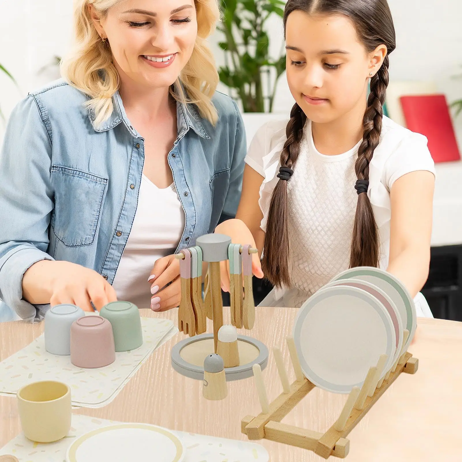 Zestaw kuchenny dla dzieci, 33 elementy, realistyczny zestaw do zabawy w udawanie, drewniany zestaw obiadowy do gotowania dla dziewczynek, na przyjęcie, Boże Narodzenie, urodziny.