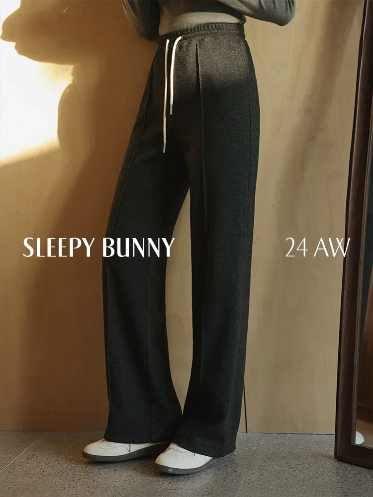 Winter Casual Loose Fit Straight-Leg Pants for Women Contrast Drawstring High-Waist Thickened Warm 2024 Stylish Korean Trousers