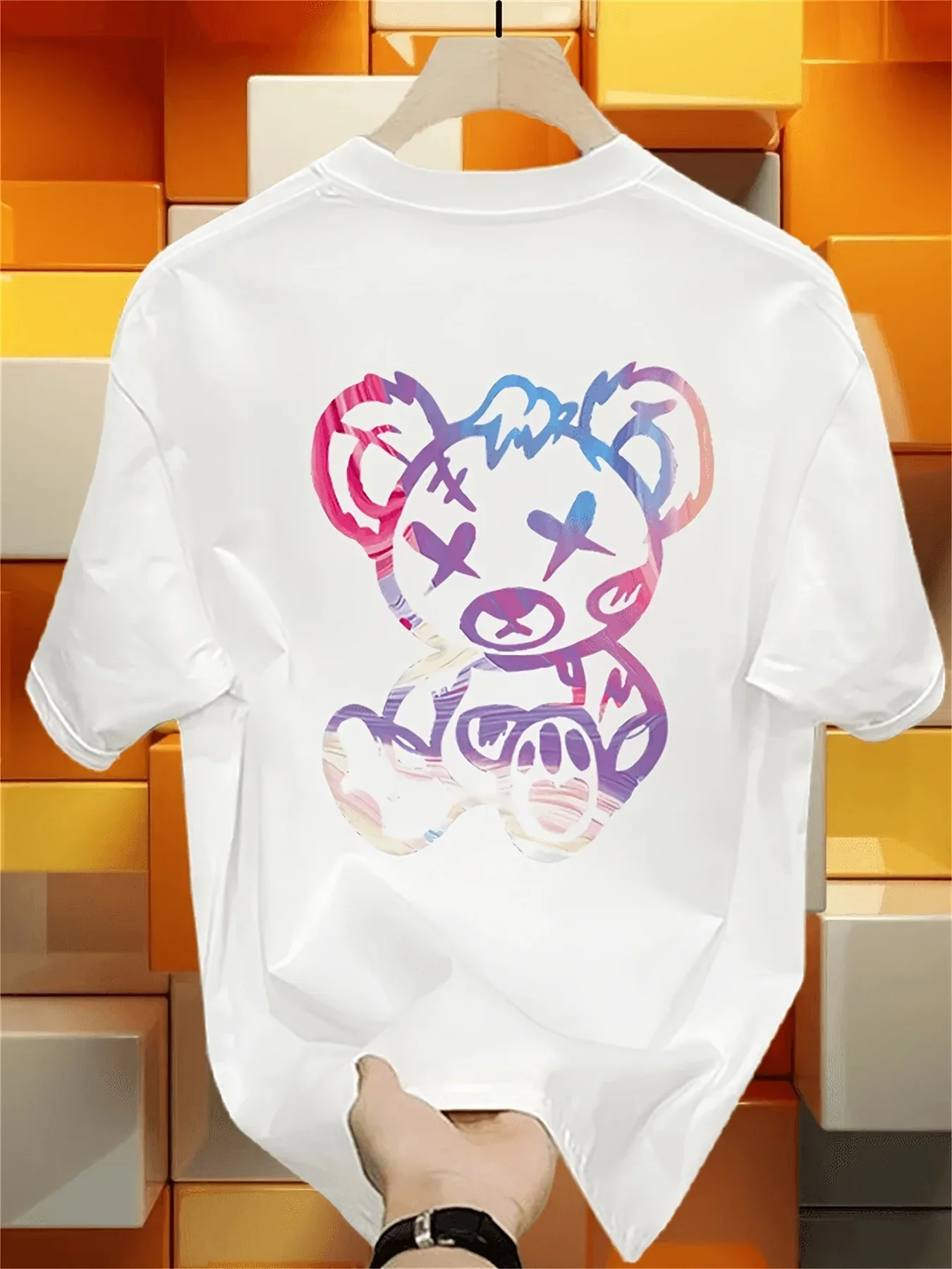 Y2K Harajuku Sweet and Cool Style 100% Cotton Men's T-Shirt, Pastel Gradient Graffiti Ripped Teddy Bear Print Loose Fit Top