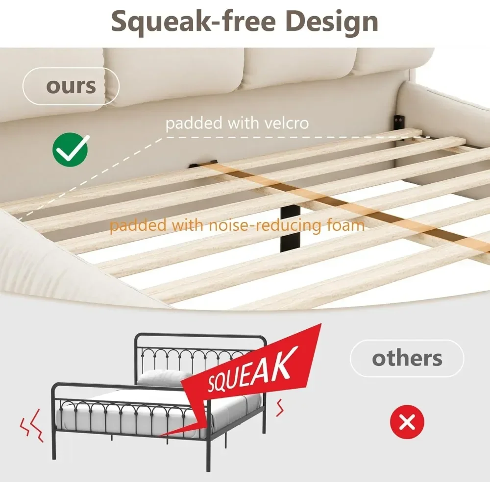 Beige Faux Leather Upholstered Solid Wood Frame Cloud Bed,King Size Platform Bed,Squeak-Free with Overstuffed Padded Headboard - view 6