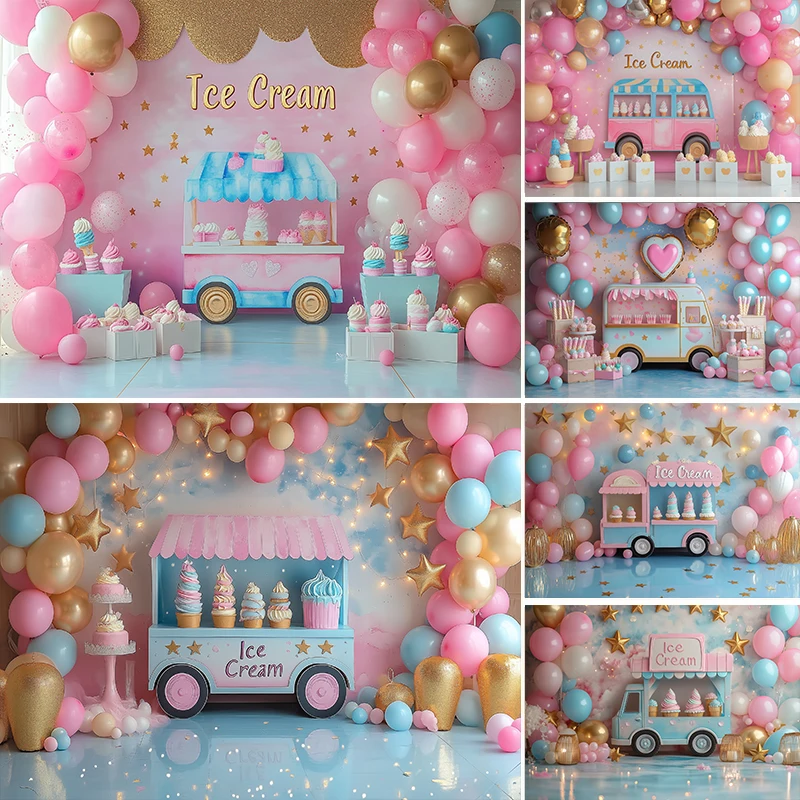LS  Photography Background Ice Cream Shop Pink Car Baby Girl 1st Birthday Party Cake Smash Decoration Backdrop Photo Studio