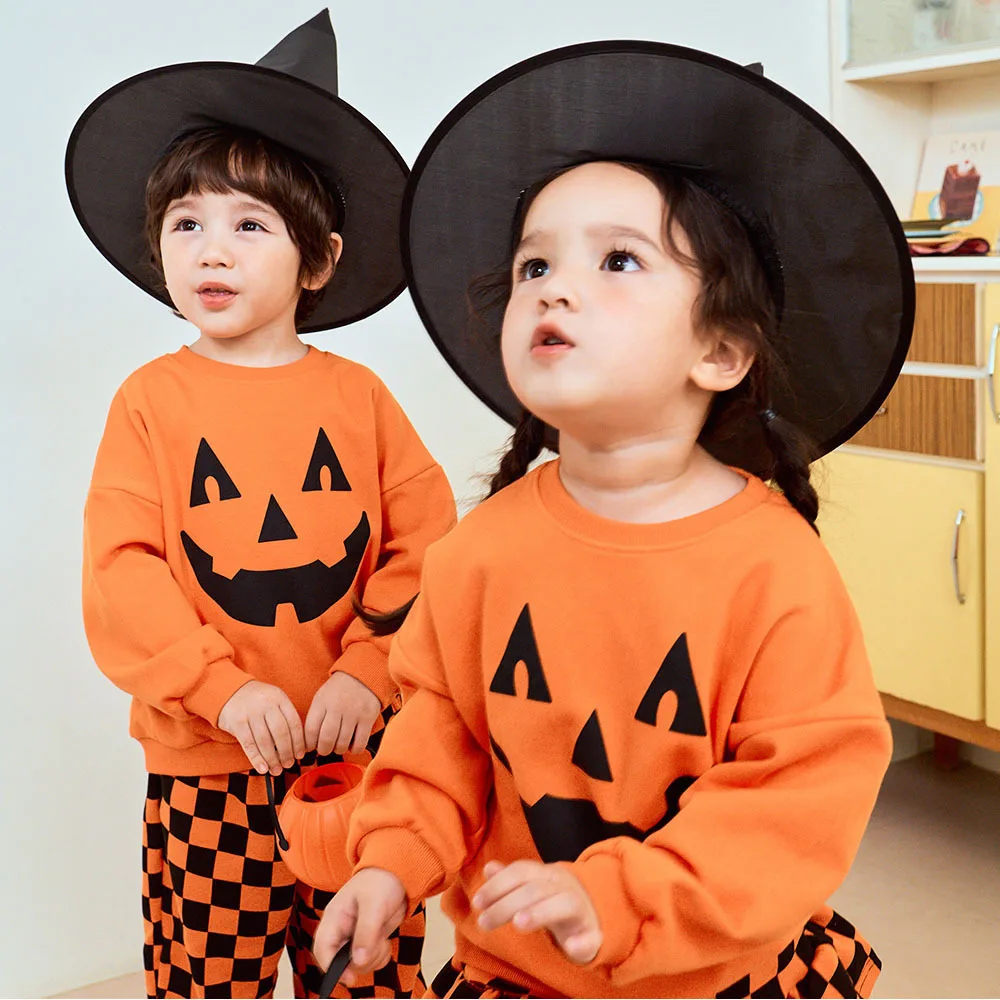 Jungen Mädchen Halloween Kürbis-Outfit Feiertagsparty Kinder Langarm Weiches Bequemes Set Atmungsaktives Kinder-Freizeit-Outfit Niedliches Zweiteiler-Set für Babys – Detail 2