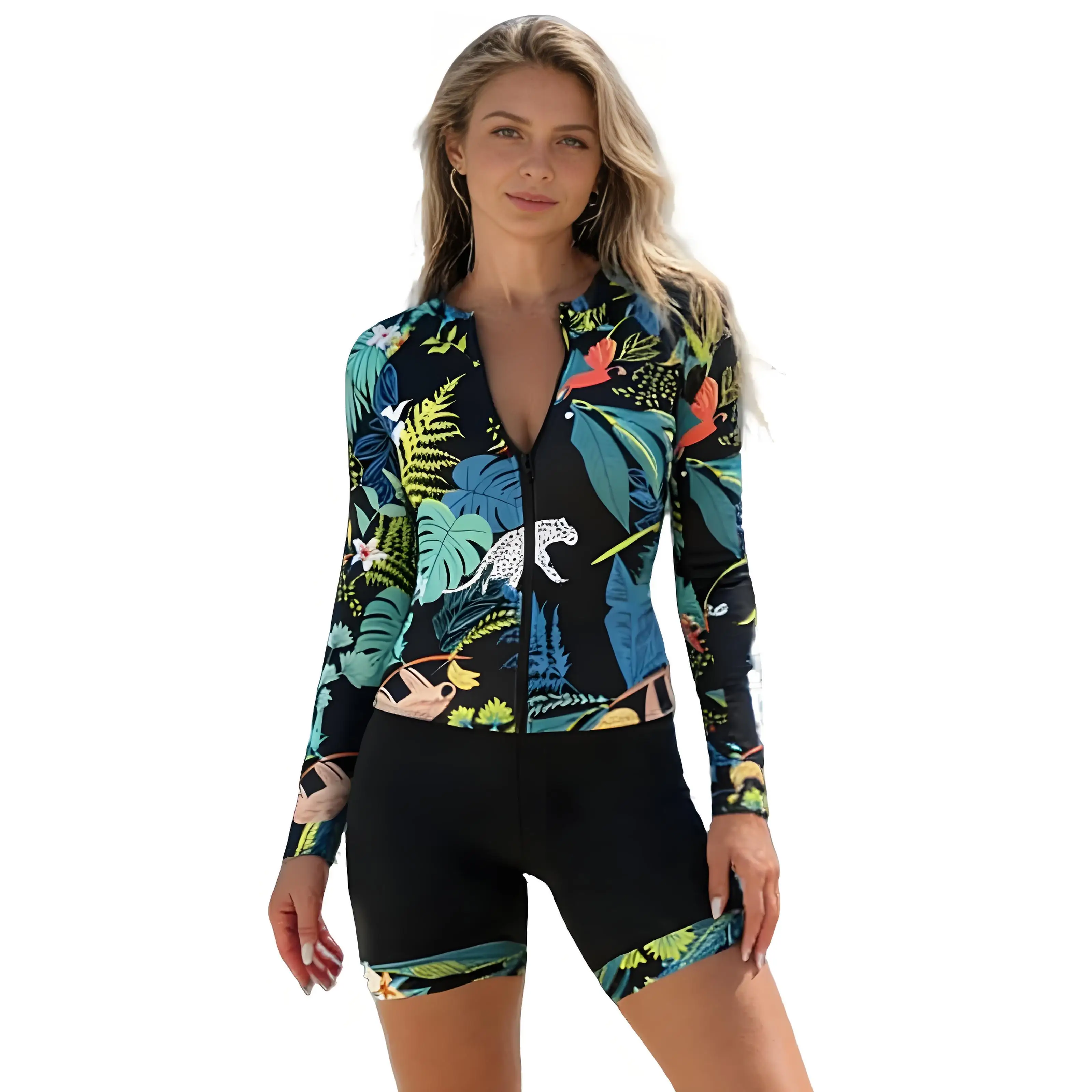 Women Long Sleeve Rush Guard Swimsuits Two Pieces Conventional Swimwear with Zipper Summer Rash Guard Beachwear Boxer Shorts