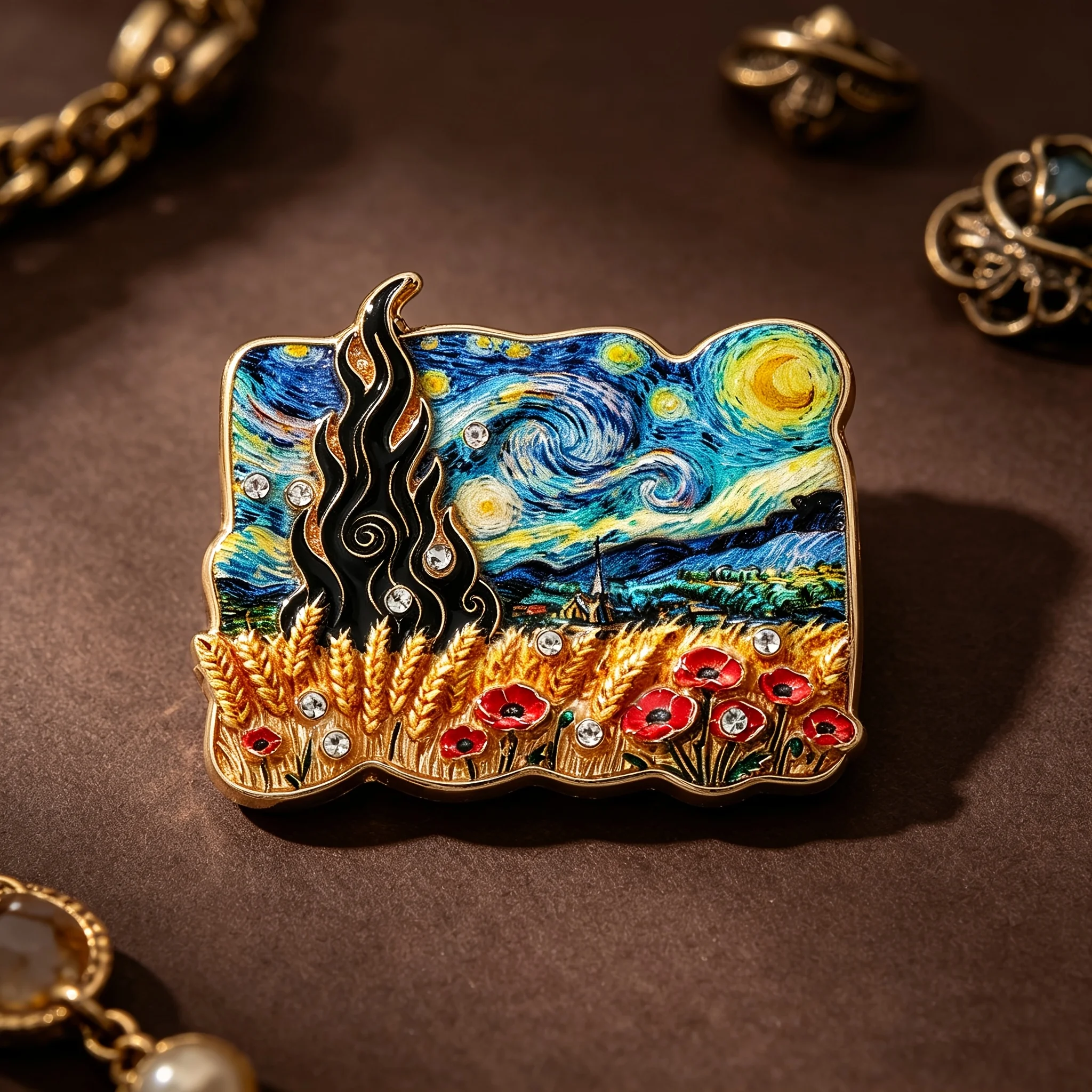 Van Gogh Starry Night enamel brooch, retro art pin for coat collar. Literary holiday accessory, perfect gift .