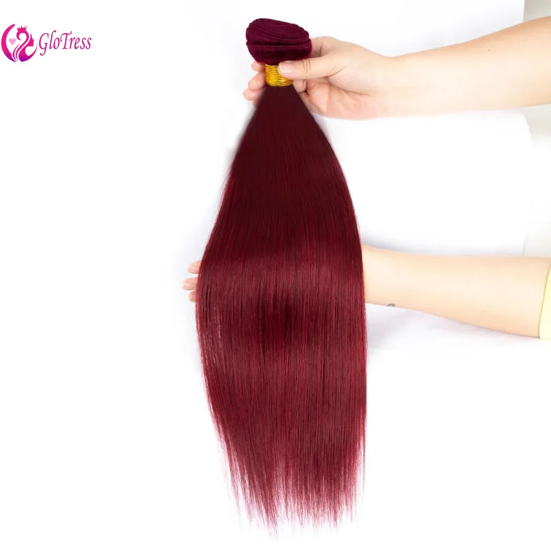 Bundel rambut manusia lurus Burgundy 8-26inci 100g/bundel ekstensi jalinan kain ganda warna Brasil 99j 3 bundel rambut manusia