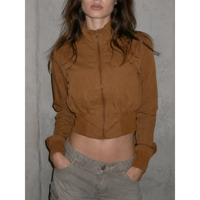 American retro waist zipper stand up collar jacket for women, 2026 autumn fashion outerwear, casual new top for women
