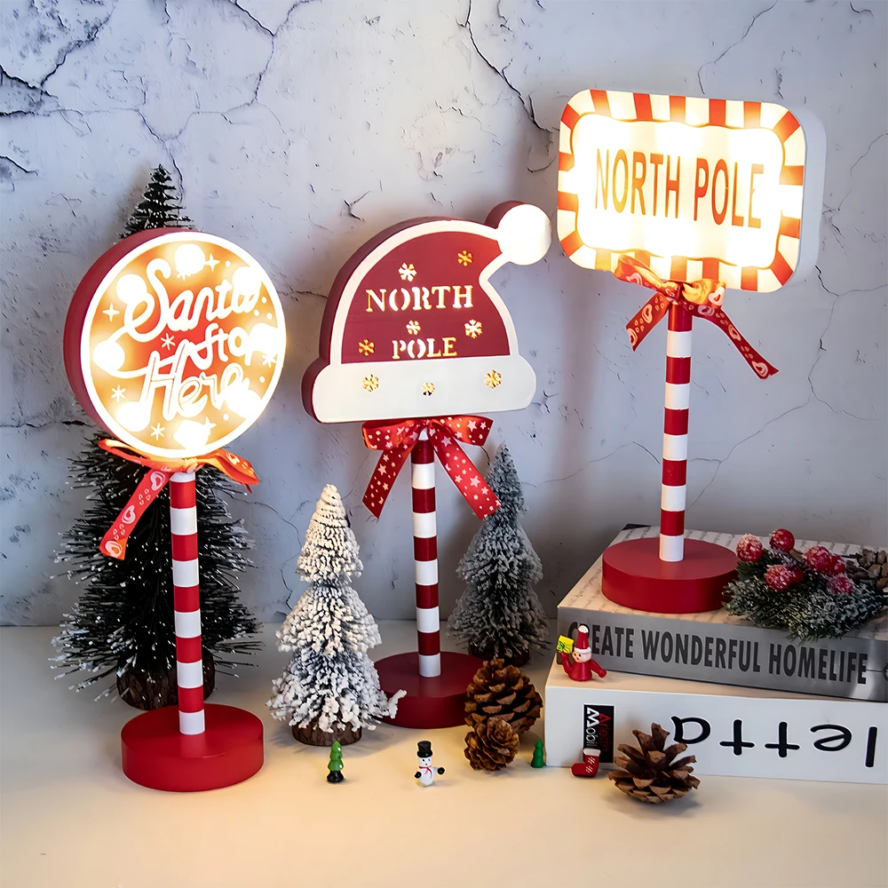 2024 Christmas Retro Lamp Santa Decoration Led Warm Light Stop Here Street Sign North Pole Wooden Bedside Lamp Xmas Home Decor