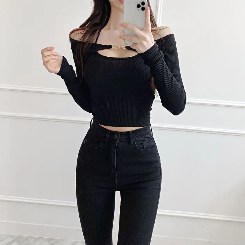 여름 슬림핏 편안한 섹시한 홀터 스트랩 메탈 버클 티셔츠+한국 슬림핏 짧은 니트 탑 여성 세트 긴팔 크롭 탑