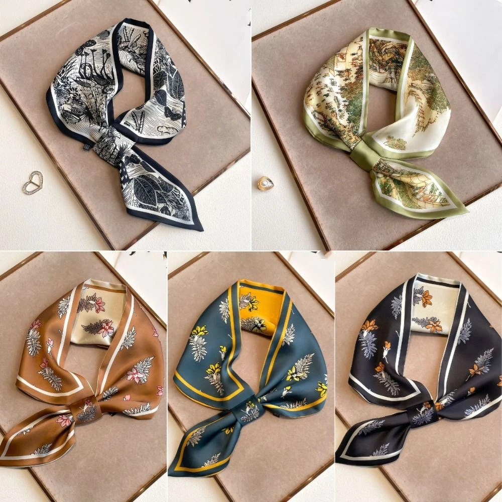 

Fashion 75cm Women Silk Scarf Flower Print Multi-functional Neckerchief Scarf Convenient Elegant Ladies Neck Tie Summer