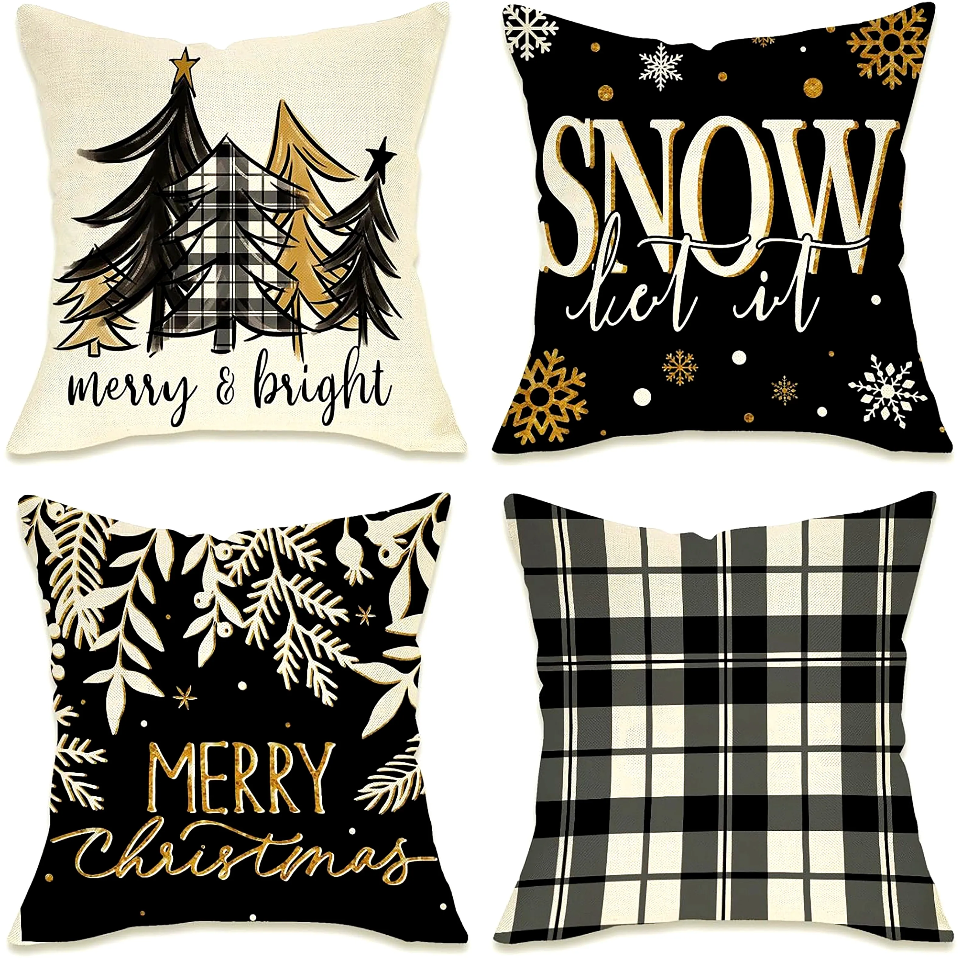 4pcs Merry Christmas Pillow Covers ,Black Christmas Tree & Buffalo Plaid Outdoor Cushion Covers, Winter Farmhouse Decor for Home