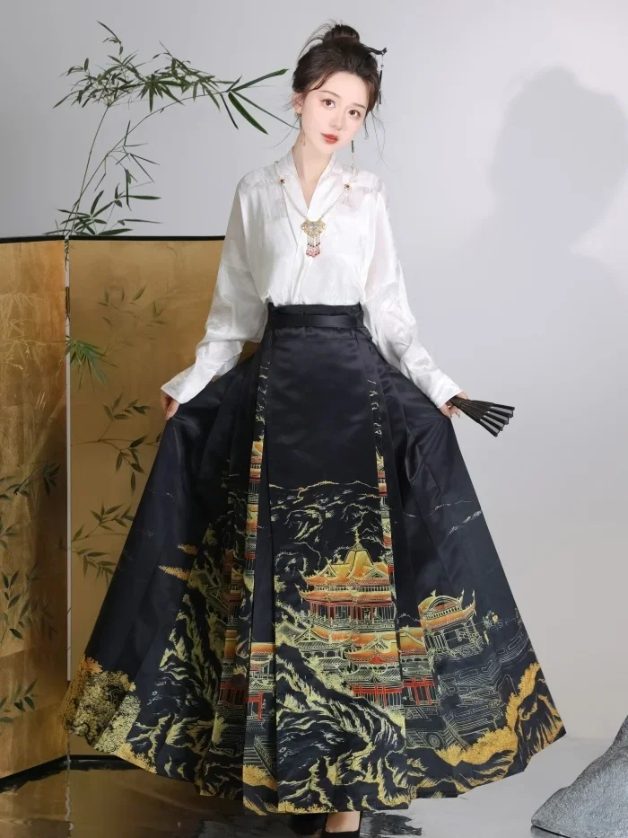 Estilo chinês Hanfu saia de cavalo preto, traje antigo, dinastia Ming, novo, outono