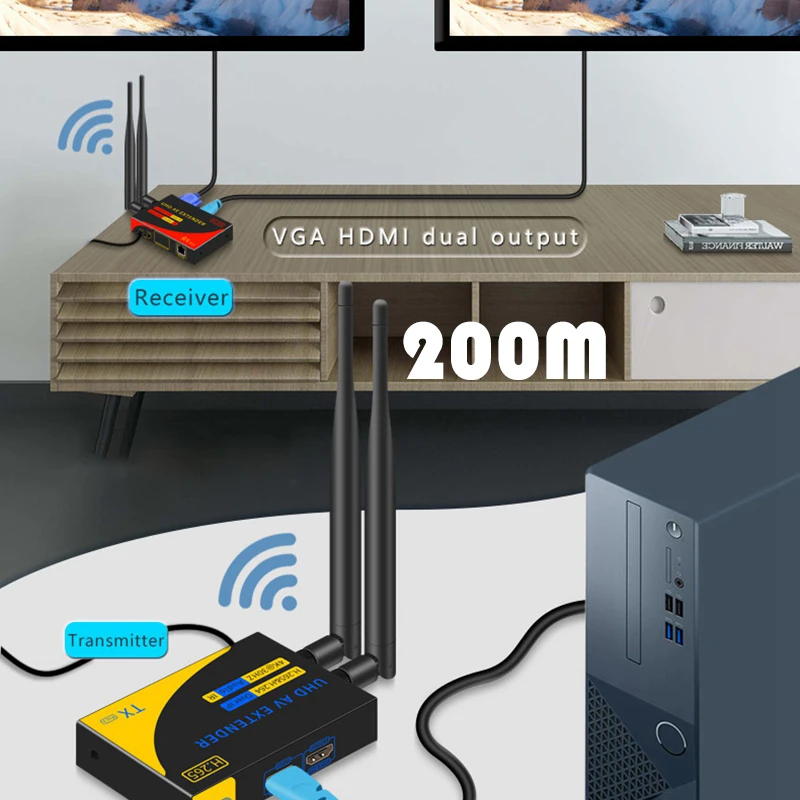 H.265 4K 30 هرتز 200 متر نقل لاسلكي موسع الصوت والفيديو جهاز ريسيفر استقبال وإرسال HDMI VGA عرض كابل الشبكة جهاز الإرسال والاستقبال