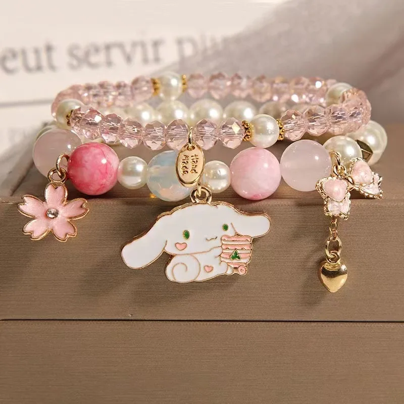 Kawaii Sanrioed Cute Anime Kuromi My Melody Cinnamoroll Pom Beaded Crystal Bracelet Cute Sweet Christmas Gifts Toys for Girls