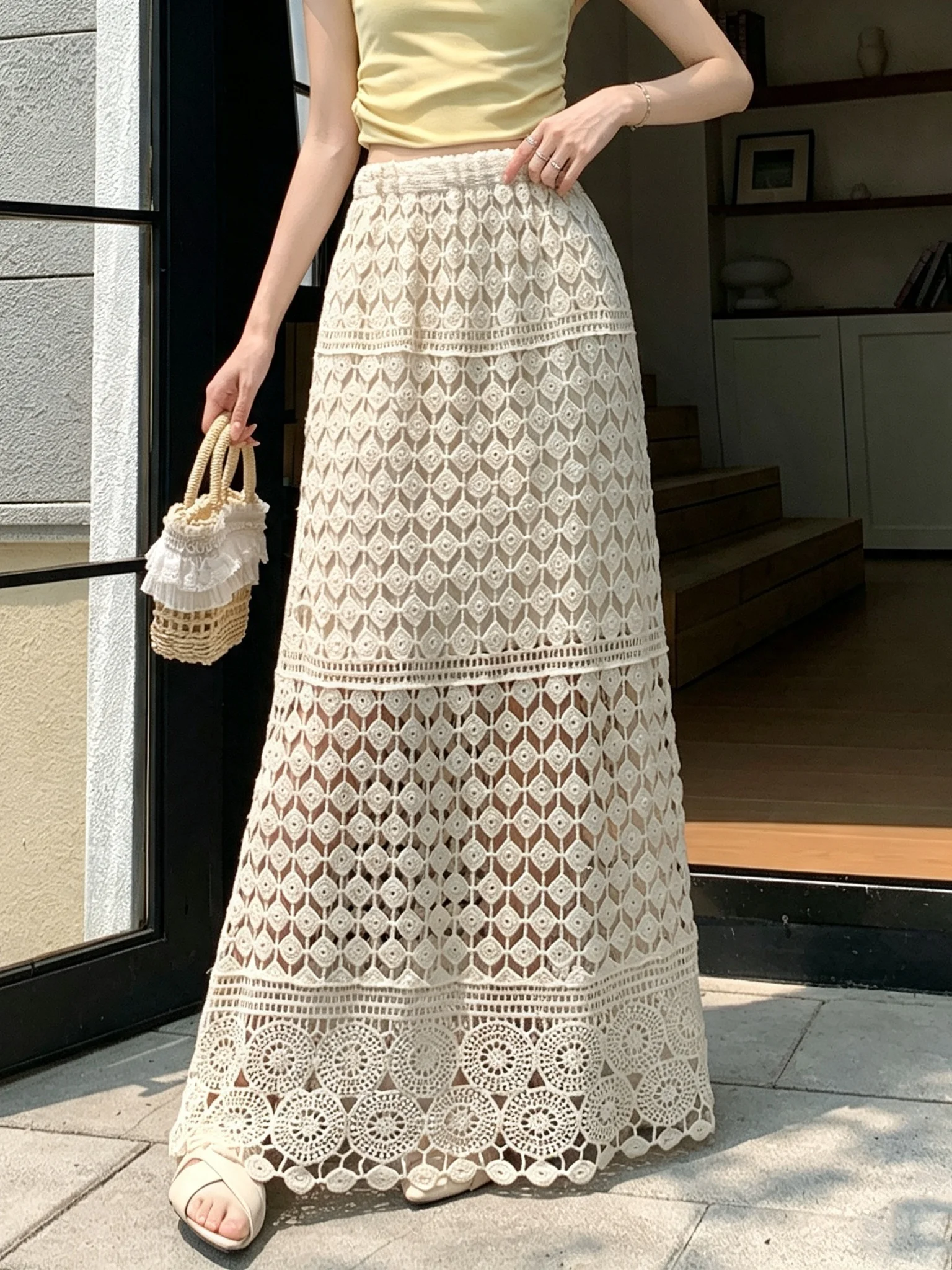 High Waist Lace Hollow out Hook Flower Half Skirt Women's Summer 2026 New Slimming Drapey A-Line Long Skirt Commute Style