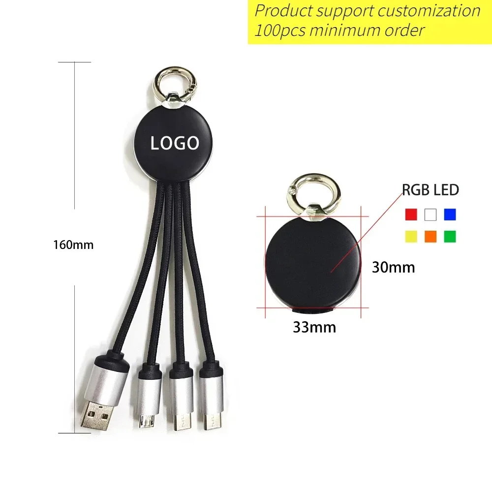 3 in 1 Short LED Keychain USB Charge Cable Micro USB Type C Lighting Cable For iPhone Samsung Huawei Xiaomi Android Phone Cable