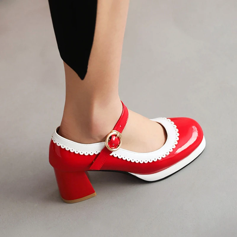 Women Mixed Colors Mary Jane Shoes Lolita High Heels Wedding Pumps Female Thick Heels Shoes Bridal Princess Footwear Plus Size