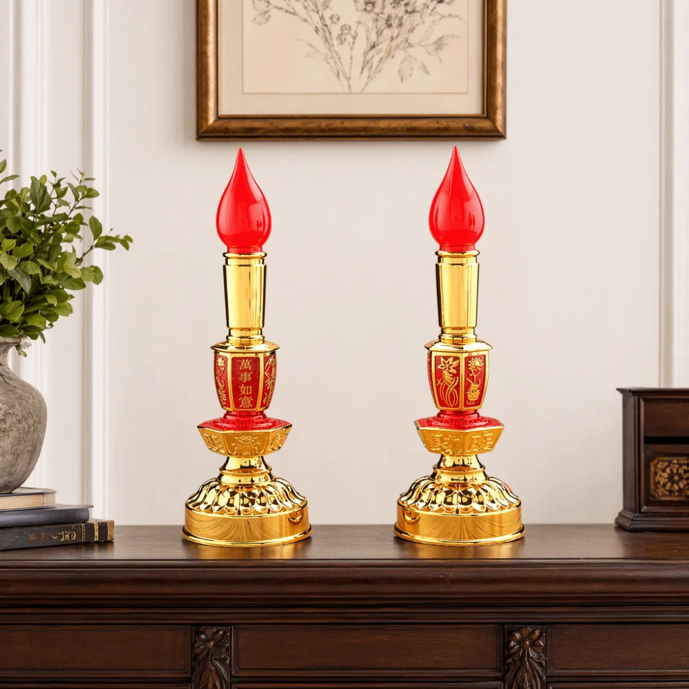2pcs Traditional Plastic Lotus LED Decor Lamp 9.1x3 in No Power Adaptor Buddha Night Light Red Candles Ornament Light Hotel