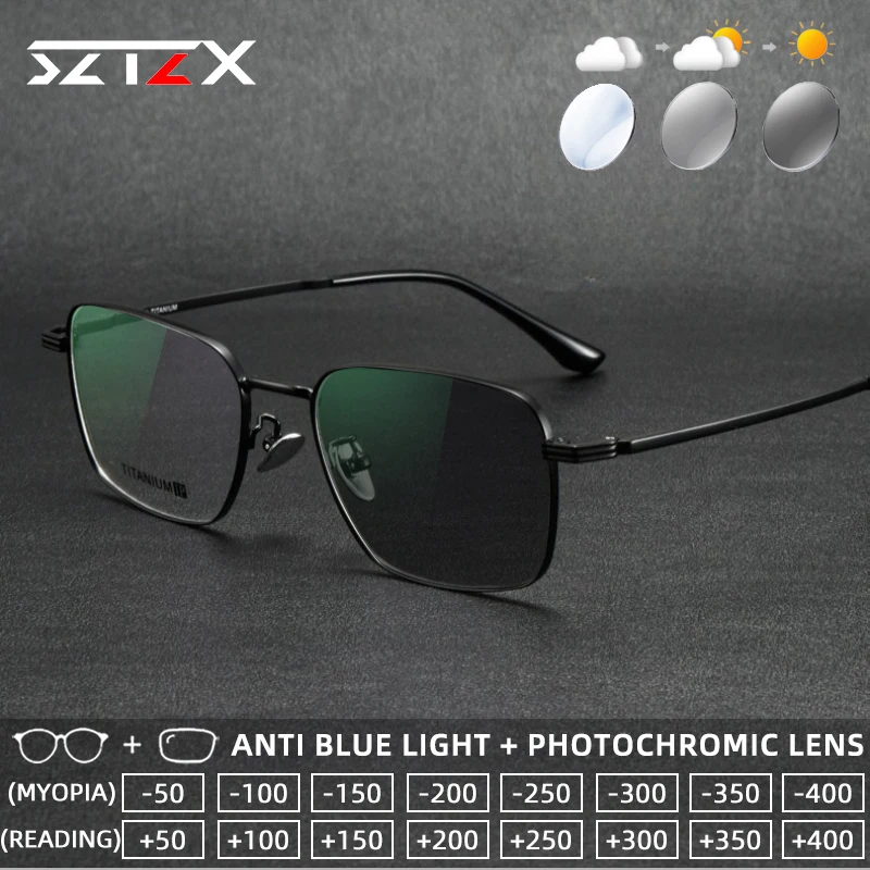 

SZTZX Ultralight Titanium Photochromic Reading Glasses Anti Blue Light Rectangle Myopia Glasses Progressive Prescription Eyewear