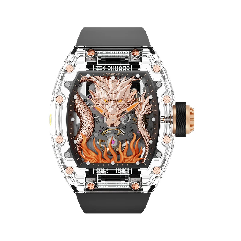 CRONUSART Men Automatic Watch 50mm*42mm Luxury Tonneau Mechanical Wristwatch Crystal Case Luminou Fluororubber Strap Dragon Dial